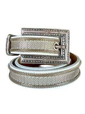 Vintage Streets Ahead White Leather Belt Silver Mesh Overlay 90s Western